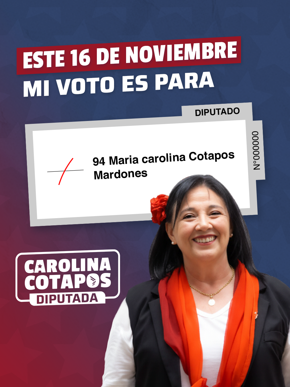High-resolution political campaign banner in Chilean colors (red, white, blue). Bold large typography 'K-94' with subtle outline. Background: abstract blend of Chilean flag and an urban silhouette suggestive of Las Condes/Santiago. Clean, modern, energetic. No people. 16:9 wide composition.